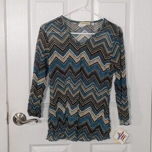 NWT Y2K Style Jess & Jane Chevron Crushed‎ Mesh Blouse Top Teal Brown Small